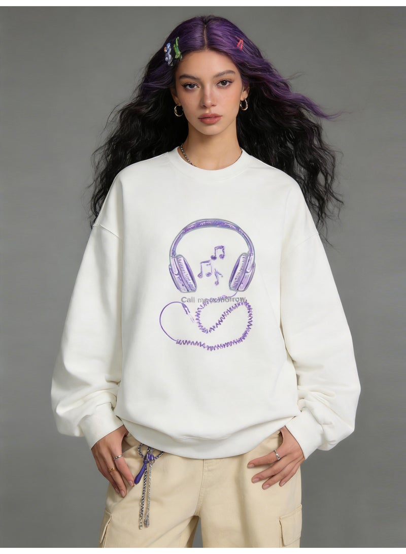 ليرين Off-White "Headphone & Music Note" Doodle Oversized Crew Neck Sweatshirt | Unisex Pullover With "Call me" Slogan - Image 1